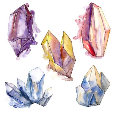 Renkli elmas taş takı mineral. İzole illüstrasyon öğesi. Geometrik kuvars çokgen kristal taş mozaik şekil Ametist mücevher.