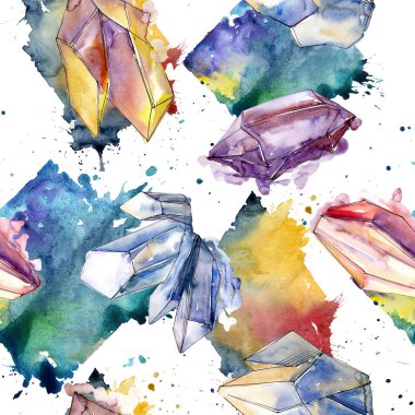 Renkli elmas taş takı mineral. Sorunsuz arka plan deseni. Kumaş duvar kağıdı yazdırma doku. Geometrik kuvars çokgen kristal taş mozaik şekil Ametist mücevher.