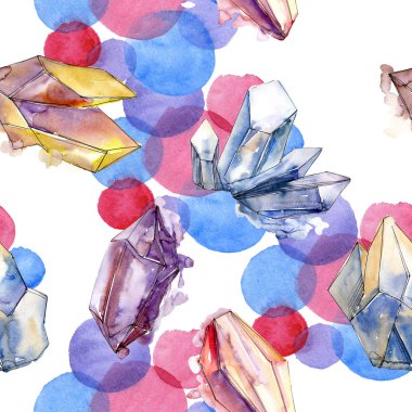 Renkli elmas taş takı mineral. Sorunsuz arka plan deseni. Kumaş duvar kağıdı yazdırma doku. Geometrik kuvars çokgen kristal taş mozaik şekil Ametist mücevher.