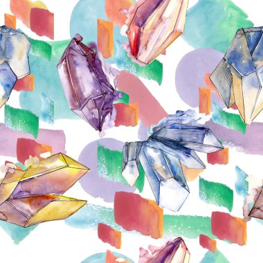 Renkli elmas taş takı mineral. Sorunsuz arka plan deseni. Kumaş duvar kağıdı yazdırma doku. Geometrik kuvars çokgen kristal taş mozaik şekil Ametist mücevher.