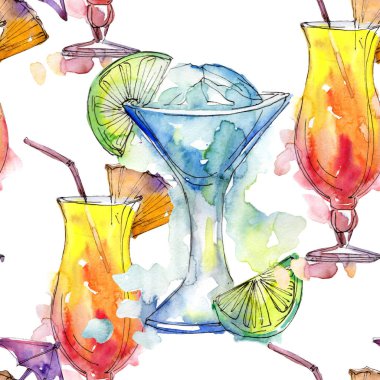 Bar parti kokteyl içki. Sorunsuz arka plan deseni... Aquarelle kokteyl içki resimde arka plan, doku, sarıcı desen, çerçeve veya kenarlık için.