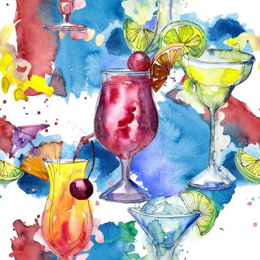 Bar parti kokteyl içki. Sorunsuz arka plan deseni... Aquarelle kokteyl içki resimde arka plan, doku, sarıcı desen, çerçeve veya kenarlık için.
