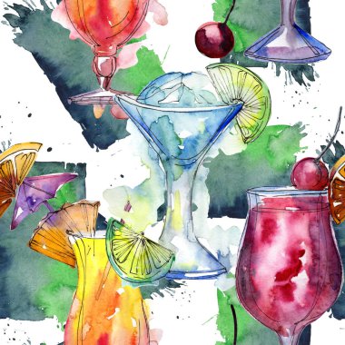 Bar parti kokteyl içki. Sorunsuz arka plan deseni... Aquarelle kokteyl içki resimde arka plan, doku, sarıcı desen, çerçeve veya kenarlık için.