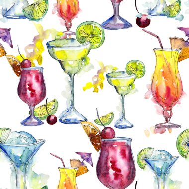 Bar parti kokteyl içki. Sorunsuz arka plan deseni... Aquarelle kokteyl içki resimde arka plan, doku, sarıcı desen, çerçeve veya kenarlık için.