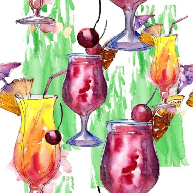 Bar parti kokteyl içki. Sorunsuz arka plan deseni... Aquarelle kokteyl içki resimde arka plan, doku, sarıcı desen, çerçeve veya kenarlık için.