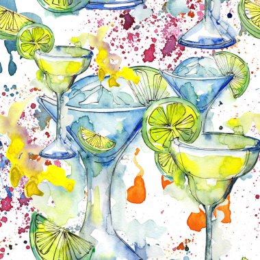 Bar parti kokteyl içki. Sorunsuz arka plan deseni... Aquarelle kokteyl içki resimde arka plan, doku, sarıcı desen, çerçeve veya kenarlık için.