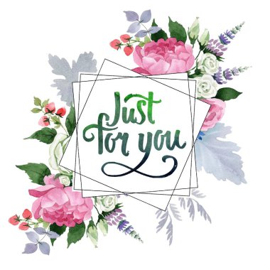 Pembe buket çiçek. Botanik çiçek. Çerçeve kenarlığı süsleme Meydanı. Bitki tam adı: gül, şakayık. Arka plan, doku, sarıcı desen, çerçeve veya kenarlık için Aquarelle kır çiçeği.