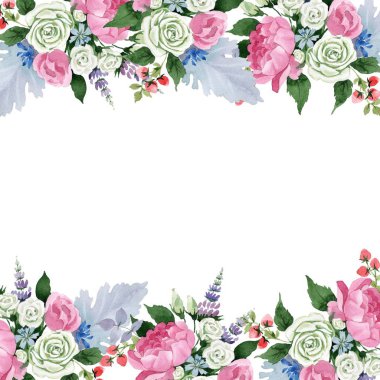 Pembe buket çiçek. Botanik çiçek. Çerçeve kenarlığı süsleme Meydanı. Bitki tam adı: gül, şakayık. Arka plan, doku, sarıcı desen, çerçeve veya kenarlık için Aquarelle kır çiçeği.