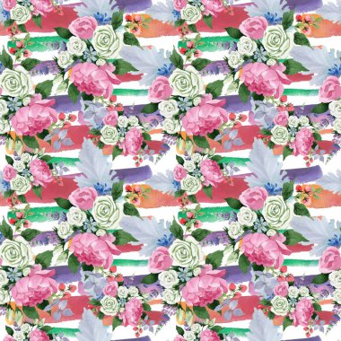 Pembe buket çiçek. Botanik çiçek. Sorunsuz arka plan deseni. Bitki tam adı: gül, şakayık. Arka plan, doku, sarıcı desen, çerçeve veya kenarlık için Aquarelle kır çiçeği.