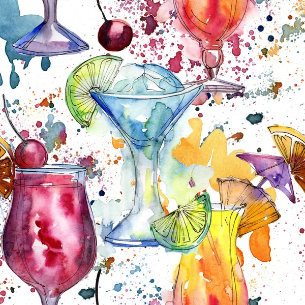 Bebida Cocktail Bar Padrão Fundo Sem Emenda Aquarelle Coquetel Bebida — Fotografia de Stock