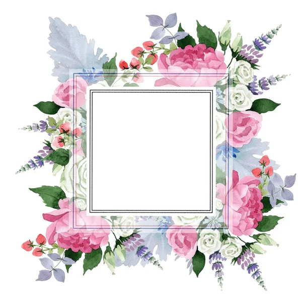 粉红色花束花 花卉植物花 框边框装饰广场 植物全名 包装图案 框架或边框的水彩画野花 — 图库照片