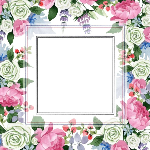 Różowy Bukiet Kwiatów Botaniczny Kwiat Kwiatowy Ramki Granicznej Ornament Placu — Zdjęcie stockowe