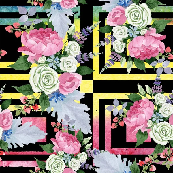 粉红色花束花 花卉植物花 无缝的背景图案 植物全名 包装图案 框架或边框的水彩画野花 — 图库照片