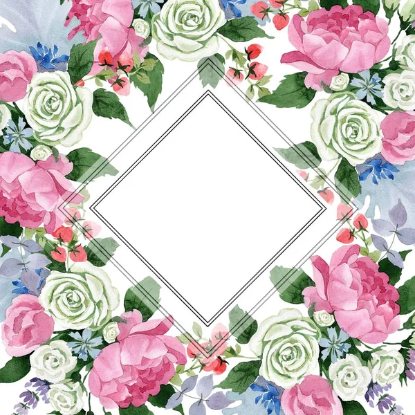 Różowy Bukiet Kwiatów Botaniczny Kwiat Kwiatowy Ramki Granicznej Ornament Placu — Zdjęcie stockowe