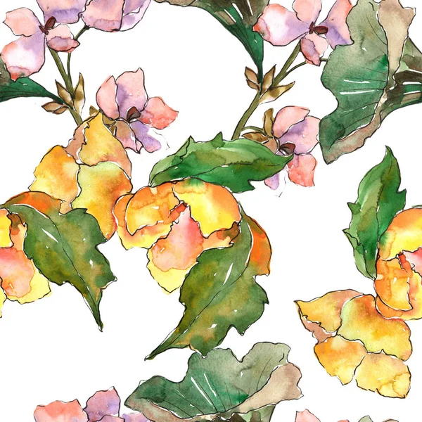 粉红色和黄色的 gardania 花。花卉植物花。无缝背景图案. — 图库照片