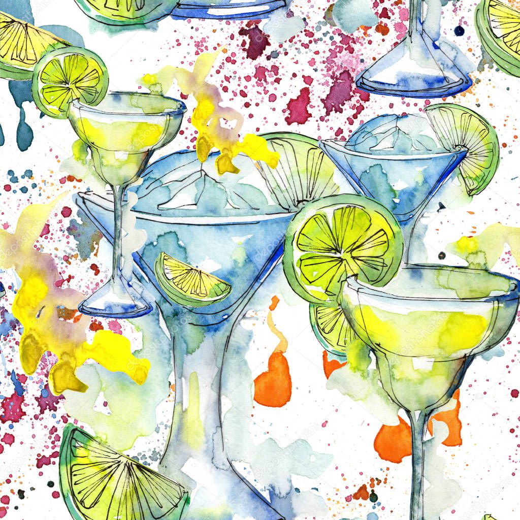 Bar party cocktail drink. Seamless background pattern.. Aquarelle cocktail drink illustration for background, texture, wrapper pattern, frame or border.