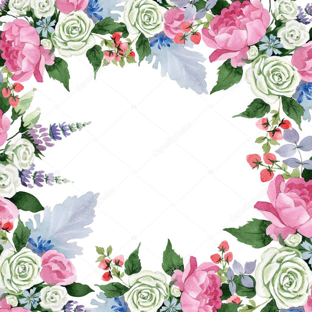 Pink bouquet flowers. Floral botanical flower. Frame border ornament square. Full name of the plant: rose, peony. Aquarelle wildflower for background, texture, wrapper pattern, frame or border.