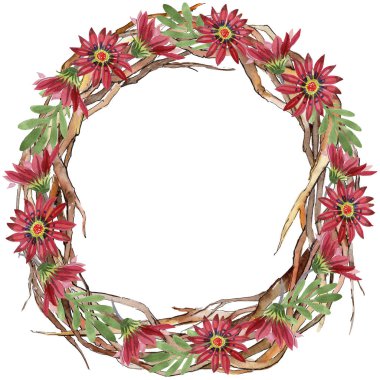 Kırmızı gazania çiçek. Botanik çiçek. Çerçeve kenarlığı süsleme Meydanı. Arka plan, doku, sarıcı desen, çerçeve veya kenarlık için Aquarelle kır çiçeği.