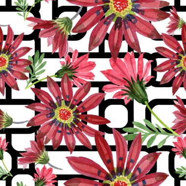 Kırmızı gazania çiçek. Botanik çiçek. Sorunsuz arka plan deseni. Kumaş duvar kağıdı yazdırma doku. Arka plan, doku, sarıcı desen, çerçeve veya kenarlık için Aquarelle kır çiçeği.