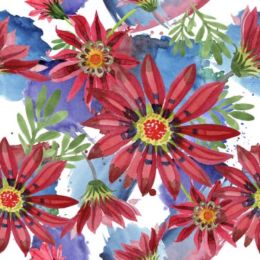 Kırmızı gazania çiçek. Botanik çiçek. Sorunsuz arka plan deseni. Kumaş duvar kağıdı yazdırma doku. Arka plan, doku, sarıcı desen, çerçeve veya kenarlık için Aquarelle kır çiçeği.