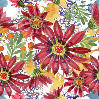 Kırmızı gazania çiçek. Botanik çiçek. Sorunsuz arka plan deseni. Kumaş duvar kağıdı yazdırma doku. Arka plan, doku, sarıcı desen, çerçeve veya kenarlık için Aquarelle kır çiçeği.