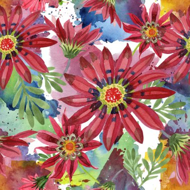 Kırmızı gazania çiçek. Botanik çiçek. Sorunsuz arka plan deseni. Kumaş duvar kağıdı yazdırma doku. Arka plan, doku, sarıcı desen, çerçeve veya kenarlık için Aquarelle kır çiçeği.
