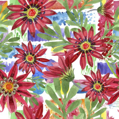 Kırmızı gazania çiçek. Botanik çiçek. Sorunsuz arka plan deseni. Kumaş duvar kağıdı yazdırma doku. Arka plan, doku, sarıcı desen, çerçeve veya kenarlık için Aquarelle kır çiçeği.