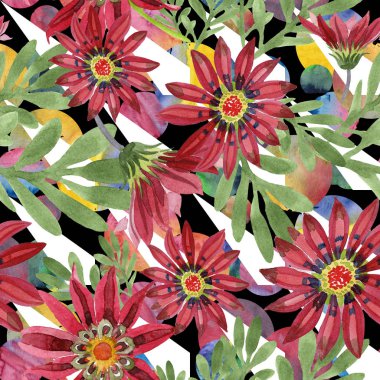 Kırmızı gazania çiçek. Botanik çiçek. Sorunsuz arka plan deseni. Kumaş duvar kağıdı yazdırma doku. Arka plan, doku, sarıcı desen, çerçeve veya kenarlık için Aquarelle kır çiçeği.