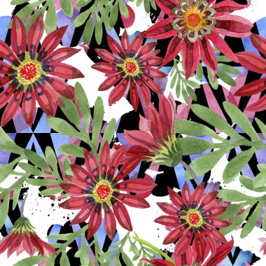 Kırmızı gazania çiçek. Botanik çiçek. Sorunsuz arka plan deseni. Kumaş duvar kağıdı yazdırma doku. Arka plan, doku, sarıcı desen, çerçeve veya kenarlık için Aquarelle kır çiçeği.