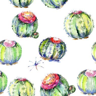 Kır çiçeği yeşil kaktüsler. Sorunsuz arka plan deseni. Kumaş duvar kağıdı yazdırma doku. Arka plan, doku, sarıcı desen, çerçeve veya kenarlık için Aquarelle kır çiçeği.