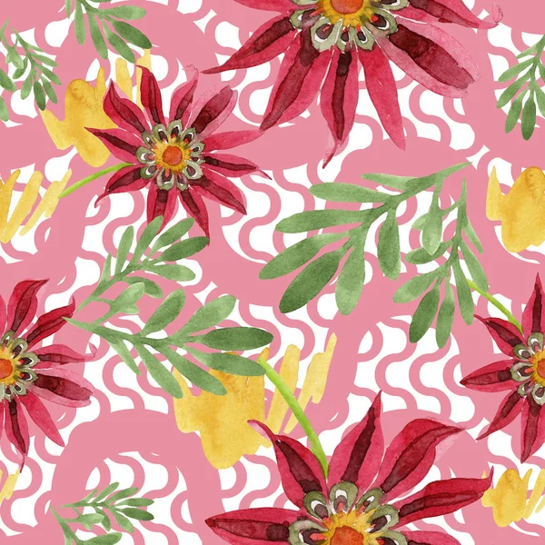赤いガザニアの花 花植物の花 シームレスな背景パターン 壁紙印刷手触りの生地 テクスチャ ラッパー パターン フレームや境界線の Aquarelle ワイルドフラワー — ストック写真