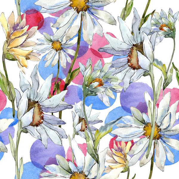 白いデイジーの花 花植物の花 シームレスな背景パターン 壁紙印刷手触りの生地 テクスチャ ラッパー パターン フレームや境界線の Aquarelle ワイルドフラワー — ストック写真
