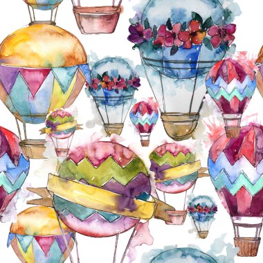Sıcak hava balonları arka plan fly hava taşıma illüstrasyon. Sorunsuz arka plan deseni. Kumaş duvar kağıdı yazdırma doku.