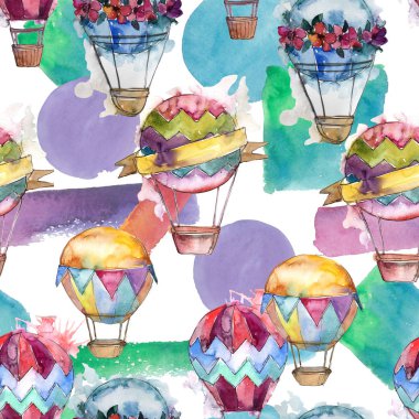 Sıcak hava balonları arka plan fly hava taşıma illüstrasyon. Sorunsuz arka plan deseni. Kumaş duvar kağıdı yazdırma doku.