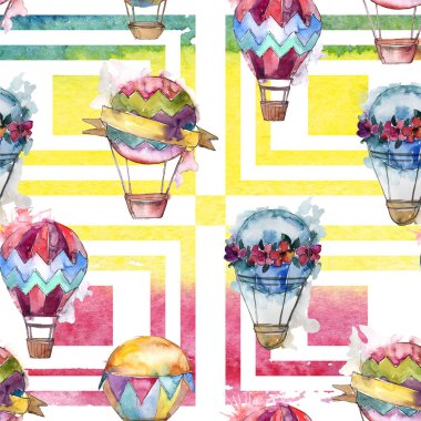 Sıcak hava balonları arka plan fly hava taşıma illüstrasyon. Sorunsuz arka plan deseni. Kumaş duvar kağıdı yazdırma doku.