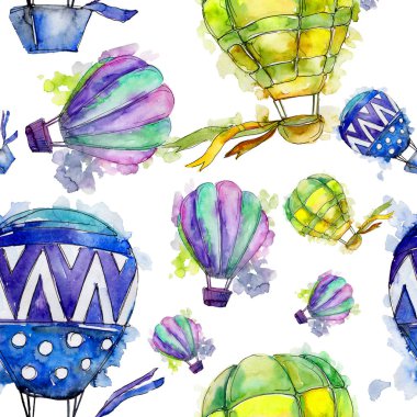 Sıcak hava balonları arka plan fly hava taşıma illüstrasyon. Sorunsuz arka plan deseni. Kumaş duvar kağıdı yazdırma doku.