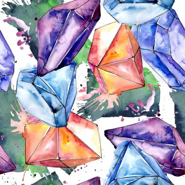 Renkli elmas taş takı mineral. Sorunsuz arka plan deseni. Kumaş duvar kağıdı yazdırma doku. Geometrik kuvars çokgen kristal taş mozaik şekil Ametist mücevher.