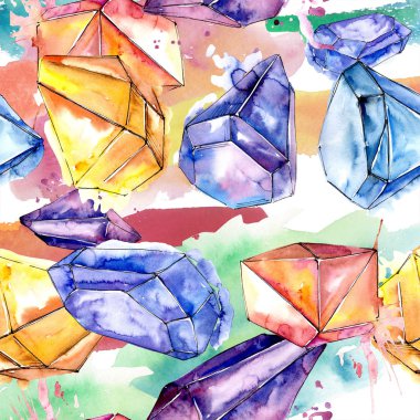 Renkli elmas taş takı mineral. Sorunsuz arka plan deseni. Kumaş duvar kağıdı yazdırma doku. Geometrik kuvars çokgen kristal taş mozaik şekil Ametist mücevher.