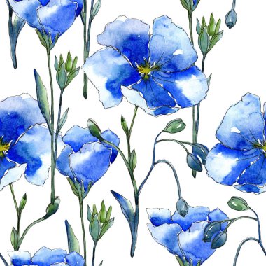 Mavi keten çiçekler. Botanik çiçek. Sorunsuz arka plan deseni. Kumaş duvar kağıdı yazdırma doku. Arka plan, doku, sarıcı desen, çerçeve veya kenarlık için Aquarelle kır çiçeği.