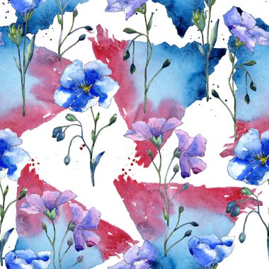 Mavi keten çiçekler. Botanik çiçek. Sorunsuz arka plan deseni. Kumaş duvar kağıdı yazdırma doku. Arka plan, doku, sarıcı desen, çerçeve veya kenarlık için Aquarelle kır çiçeği.