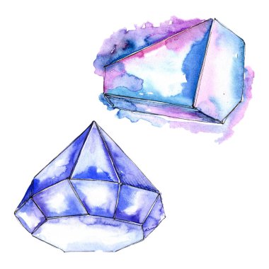 Mavi elmas taş takı mineral. İzole illüstrasyon öğesi. Geometrik kuvars çokgen kristal taş mozaik şekil Ametist mücevher.