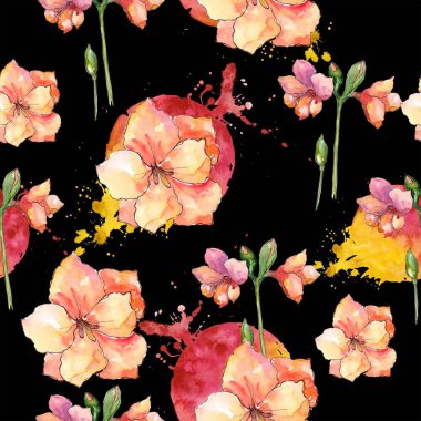 Turuncu nergis zambağı. Botanik çiçek. Sorunsuz arka plan deseni. Kumaş duvar kağıdı yazdırma doku. Arka plan, doku, sarıcı desen, çerçeve veya kenarlık için Aquarelle kır çiçeği.