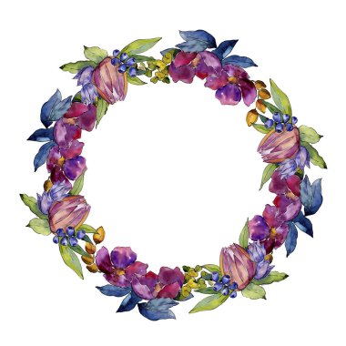 Renkli buket tropik çiçekler. Botanik çiçek. Çerçeve kenarlığı süsleme Meydanı. Arka plan, doku, sarıcı desen, çerçeve veya kenarlık için Aquarelle kır çiçeği.