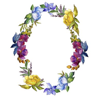 Renkli buket tropik çiçekler. Botanik çiçek. Çerçeve kenarlığı süsleme Meydanı. Arka plan, doku, sarıcı desen, çerçeve veya kenarlık için Aquarelle kır çiçeği.