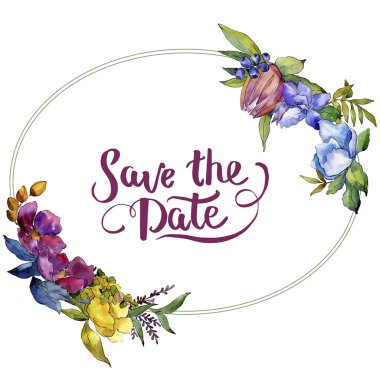 Renkli buket tropik çiçekler. Botanik çiçek. Çerçeve kenarlığı süsleme Meydanı. Arka plan, doku, sarıcı desen, çerçeve veya kenarlık için Aquarelle kır çiçeği.