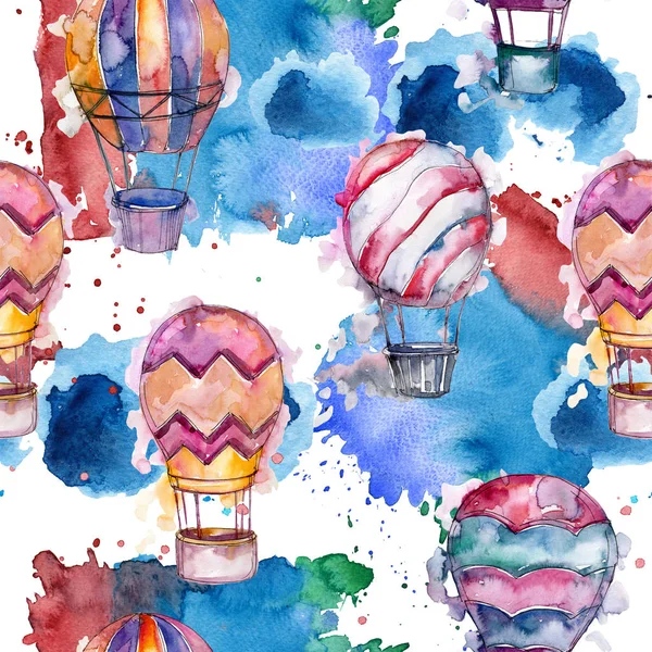 Hot air balloons background fly air transport illustration. Seamless background pattern. Fabric wallpaper print texture.