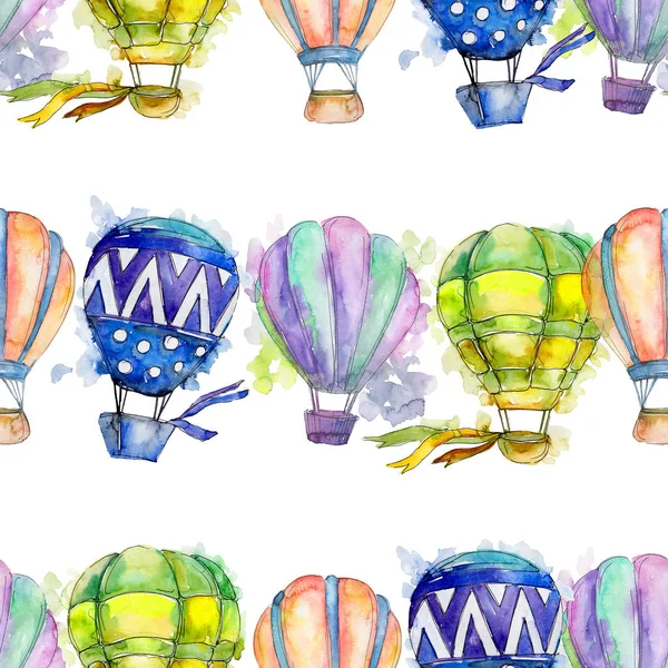 Hot air balloons background fly air transport illustration. Seamless background pattern. Fabric wallpaper print texture.