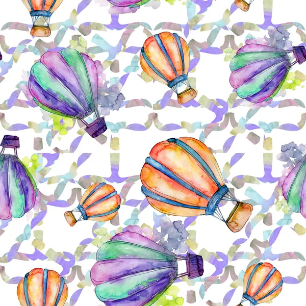 Hot air balloons background fly air transport illustration. Seamless background pattern. Fabric wallpaper print texture.