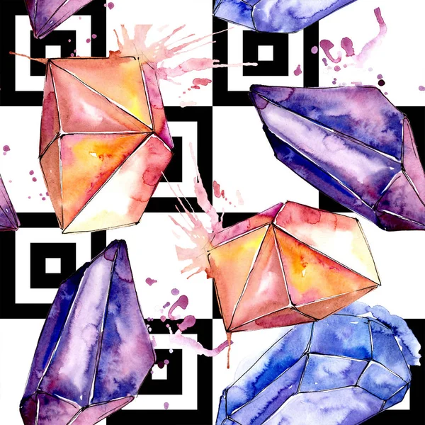 彩色钻石岩石首饰矿物 无缝的背景图案 织物墙纸打印纹理 几何石英多边形水晶石马赛克形状紫水晶宝石 — 图库照片