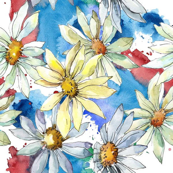 Weiße Gänseblümchenblümchen Blütenbotanische Blume Nahtlose Hintergrundmuster Textur Für Stofftapeten Aquarell — Stockfoto